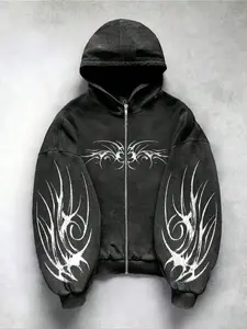 Men's Hooded Zipper Sweatshirt, Fall & Winter Casual Loose-Fit Cotton Pullover, Gothic Cartoon Pattern, Vintage Wash Style