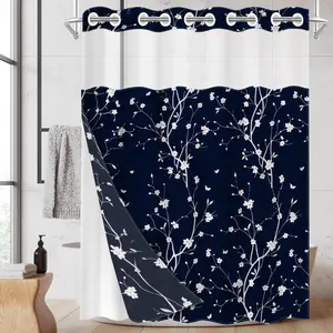 1pc hookless shower curtain with buckle lining, spring blue background with white floral branch design, 2D flat printing, fabric waterproof lining, see-through double-layer shower curtain, 71 x 74 inches, modern home draping curtain, Shower Curtain Liner