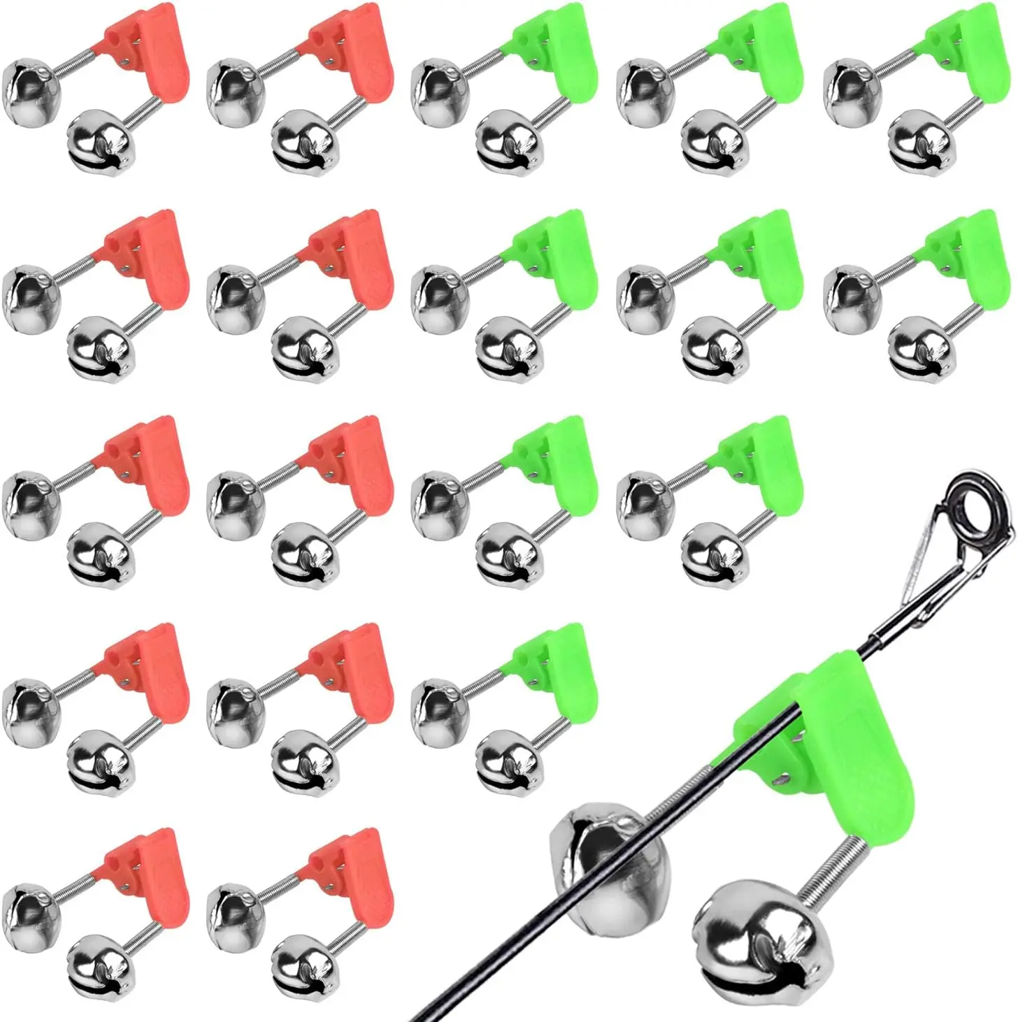20 Pcs Fishing Rod Alarm Loud Dual Alert Bells Fishing Bells Clips for Fish Strike Silver Tone, Fishing Rod With Double Alarm Belts Accessories