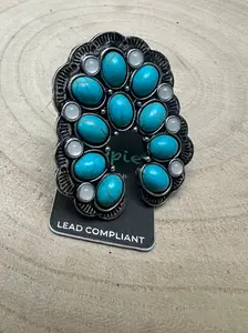 Squash Blossom Adjustable Ring with Faux Turquoise and Faux Opals