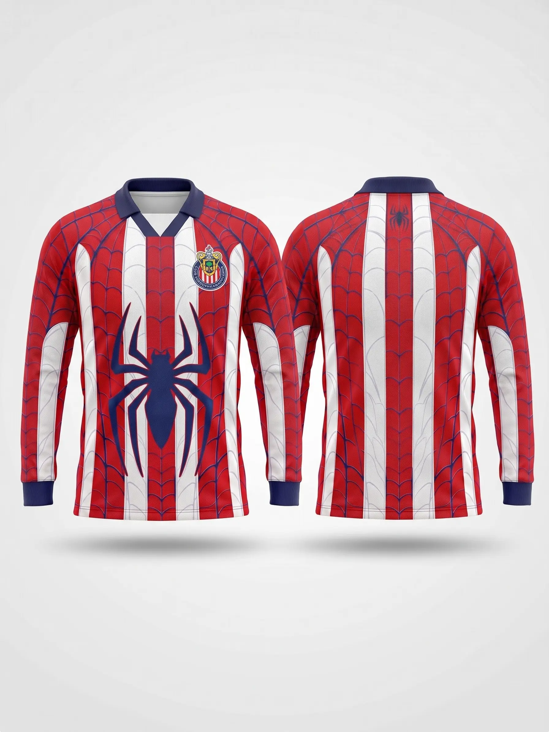 Red White Spider Web Long Sleeve Polo Football Jersey, All Over Print Polo Collar Football Shirt, Graphic Game Day Fan Sports Top, Game Day Sports Streetwear