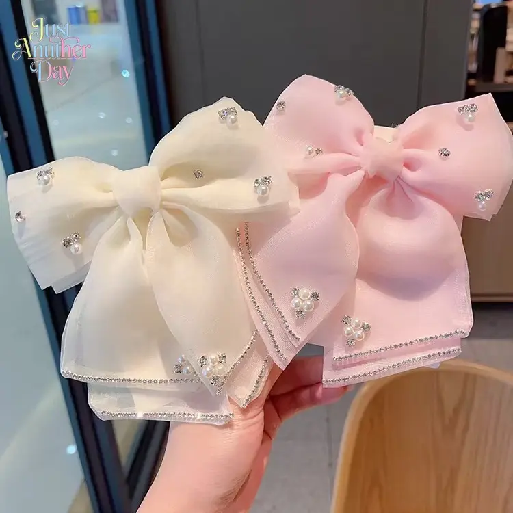 Layered Tulle Bow Hair Clips with Rhinestones & Pearls, Elegant Back-of-Head Barrette, Fresh & Chic Premium Hair Accessories for Women