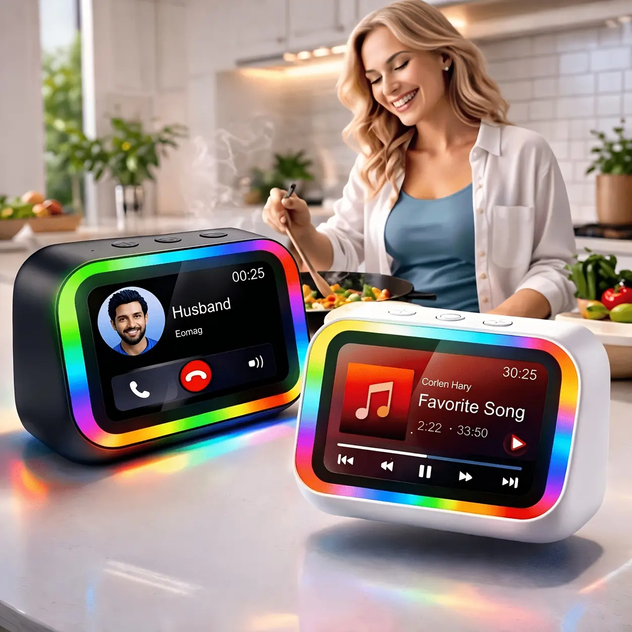 Smart speaker, smart alarm clock with speaker and dynamic RGB lighting, Hi-Fi stereo, HD smart display, call answering/making, voice assistant, menstrual cycle tracking, portable speaker, rechargeable bedside digital clock.