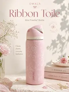Owala UO Exclusive 32 oz Pink Ribbon Toile Limited Edition Water Bottle with Straw, Bpa-Free Sports Water, Limited Edition Leak-Proof