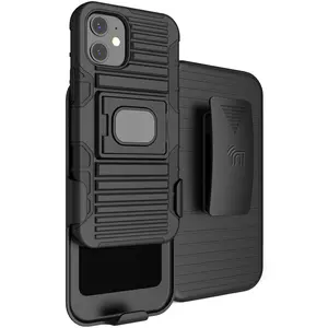 Nakedcellphone Black Rugged Case Cover [with Finger Grip Stand] + [Built-In Mounting Plate] + [Belt Clip Holster] for Apple iPhone 12 Mini (5.4")