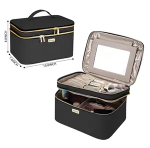 Travel Make-up Double-Layer Cosmetics Bag (Available with or without mirror) — Large Makeup Case with Handle, Makeup Brush and Skincare Storage Organizer, Travel Accessories, Portable Toiletry Pouch, Beauty Organizer, Travel Essentials