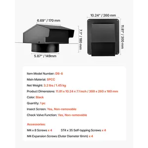 VEVOR 6 inch Hooded Wall Vent Cover, Square AC Vent Gable Cover, Premium SPCC Steel with Built-in a Protection Screen, for Roofs, Walls, Outside Duct Exhaust Outlets (1 Pack, Black)