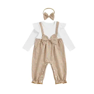 Baby Girls Plaid Bubble Romper Fashionable Long Sleeve Fake Two Pieces Jumpsuit with Headband