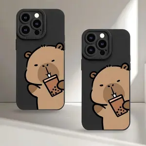Phone case: Cartoon capybara milk tea pattern UV printed matte soft case with 360-degree full protection suitable for iPhone 16 11 12 13 14 15 Pro Max XR X/XS 7 8 Plus SE and other smartphones