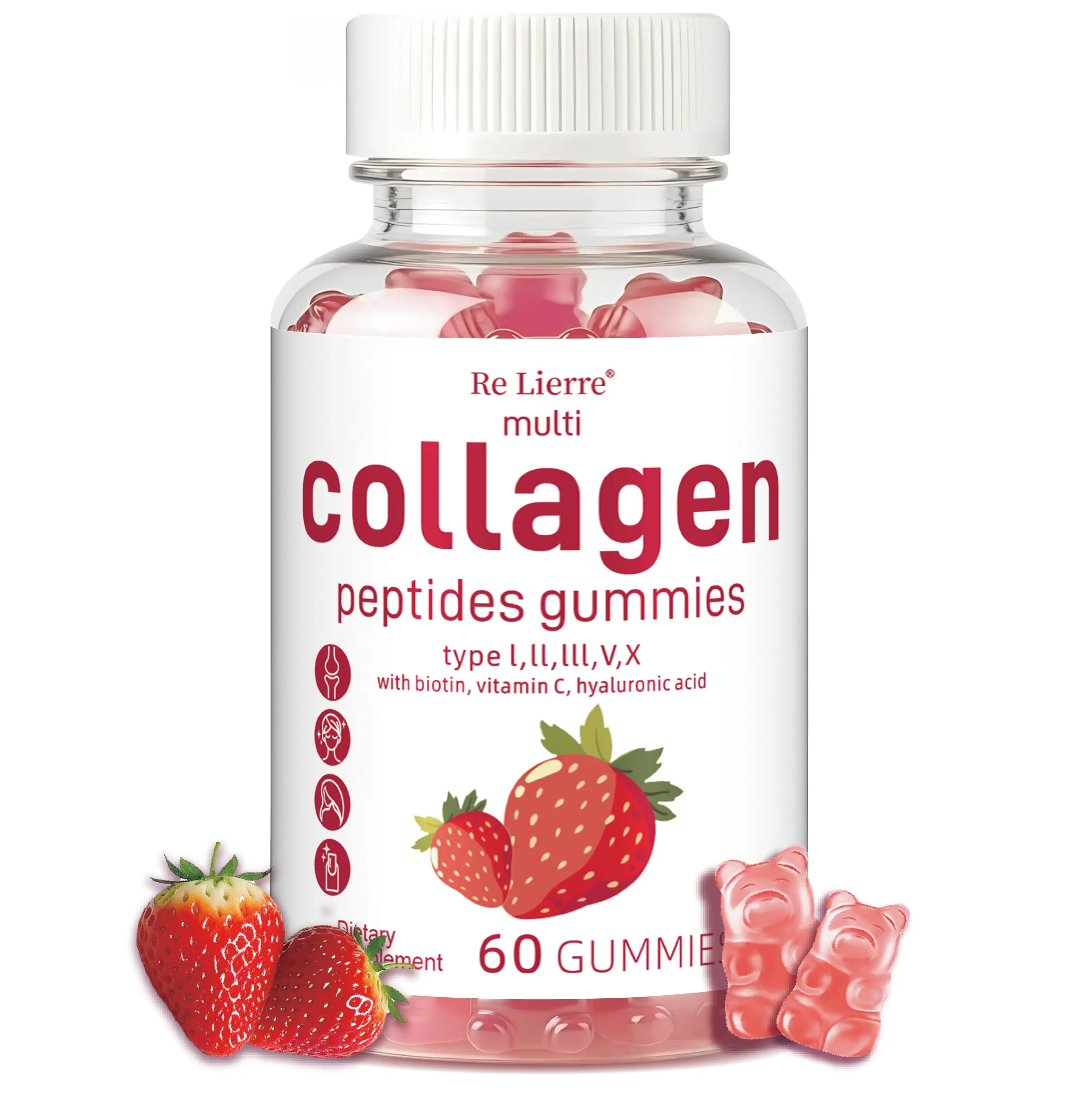 Re Lierre multi collagen peptides gummies type l,ll,lll,V,Xwith biotin, vitamin C, hyaluronic acid ement 60 GUMMIE