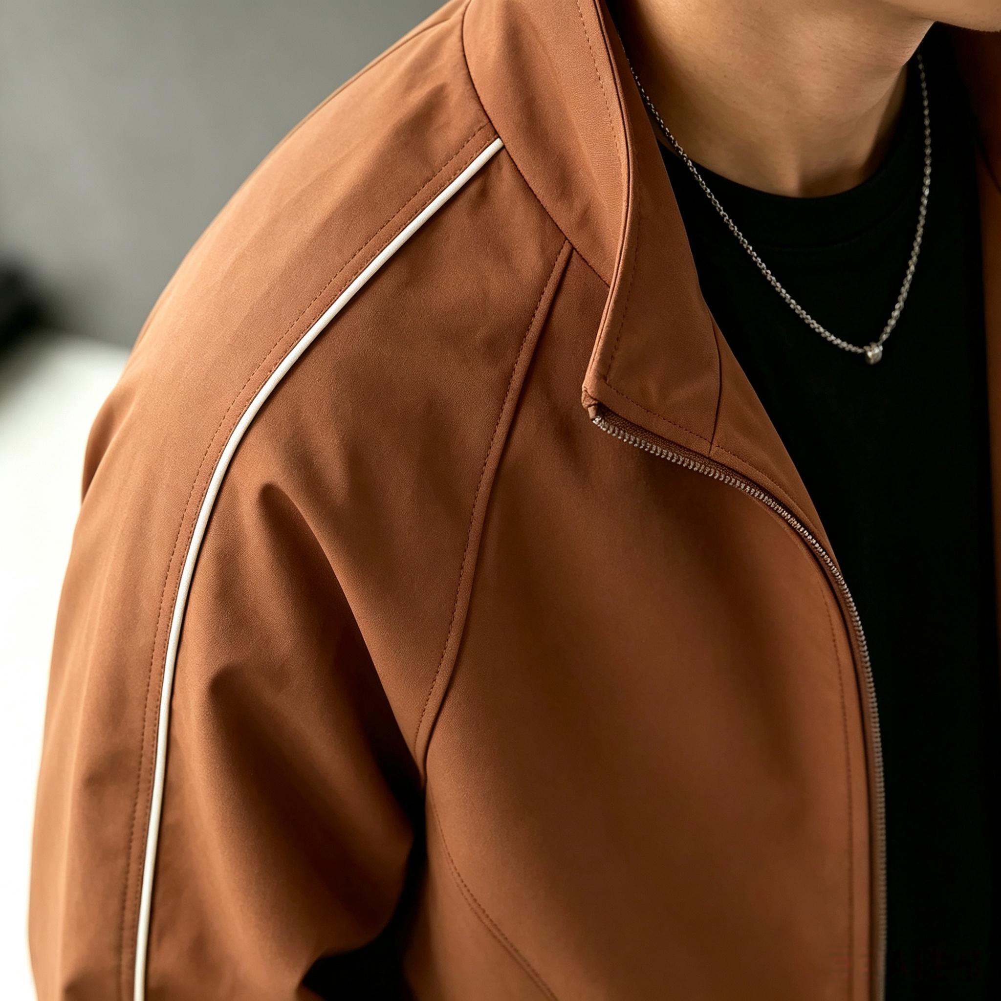 Star Men's Lightweight Windproof Stand-Collar Coat - Menswear Top with White Stitched Details, Casual Zip-Up Design, Suitable for Everyday Street Fashion & Commuting, Polyester Casual Wear, Star Men's Lightweight Jackets