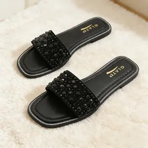 Womens Glitter Rhinestone Open Toe Flat Sandals with Cushioned Sole for Summer Outings Beach Trips & Casual Gatherings
