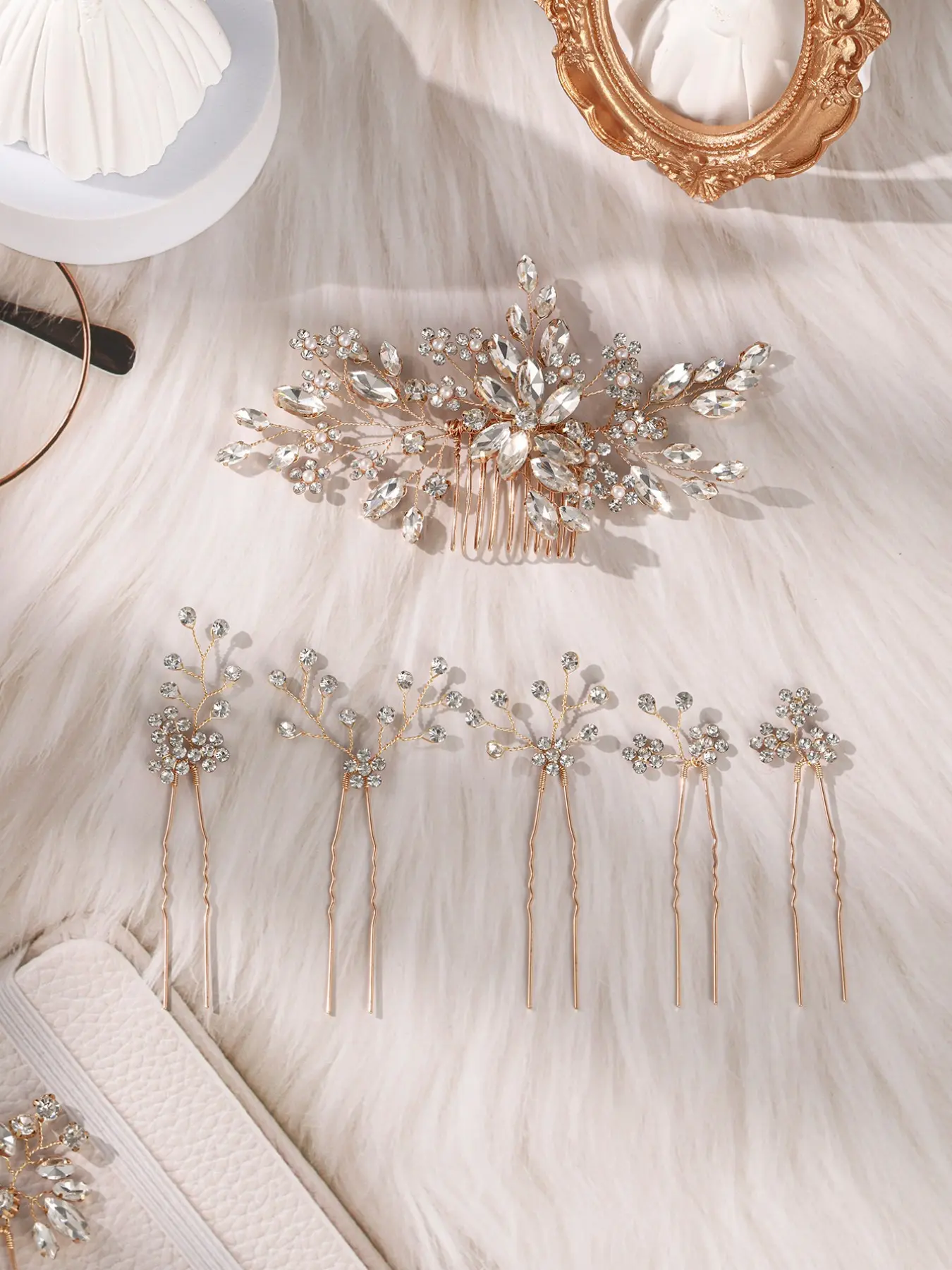 Elegant Crystal Leaf Hair Accessory Set, Bridal Wedding Comb & U-Shaped Hair Pin, Luxurious Updo Photo Accessories Combination, Headwear Design
