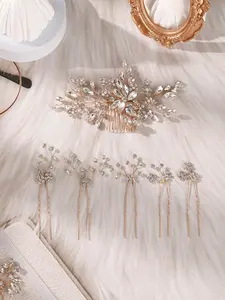 Elegant Crystal Leaf Hair Accessory Set, Bride Wedding Comb & U-Shaped Hair Pin, Luxurious Updo Photo Accessories Combination