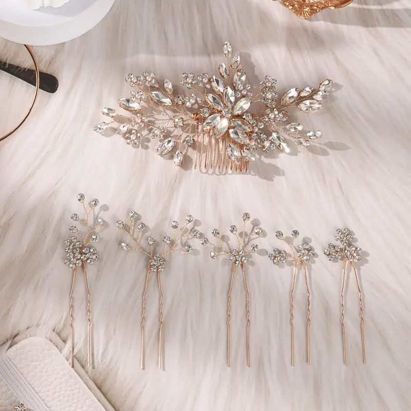 Elegant Crystal Leaf Hair Accessory Set, Bridal Wedding Comb & U-Shaped Hair Pin, Luxurious Updo Photo Accessories Combination, Headwear Design