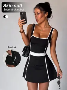 Women's Colorblock Detachable Waistband Sports Dress, Summer Professional Tennis Skirt, Tennis Attire, Comfortable Golf, Sleeveless Slim-Fit, Golf Dresses