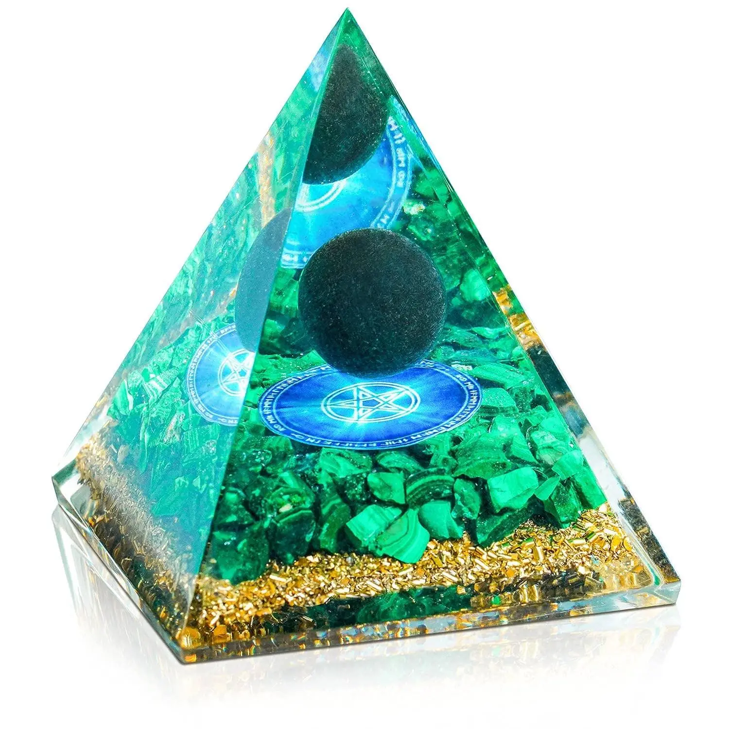 Malachite and Black Obsidian Ball Orgonite Pyramid, Healing Stones Energy Tool for Stress Relief, Meditation Bioharmonizer Home Decor Religious Decoration