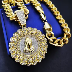 MaxBling81 Statement Religious Necklace, Gold-Plated Prayer Hands Pendant with Sparkling Zircon Inlay, Adjustable 10mm Cuban Chain for Hip Hop Wear (18"-30")