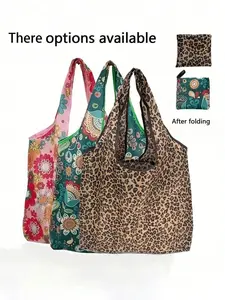 Durable Polyester Leopard Print Handbag, Large Capacity, Foldable, Portable, Fashionable, Waterproof, Reusable, Shoulder Bag