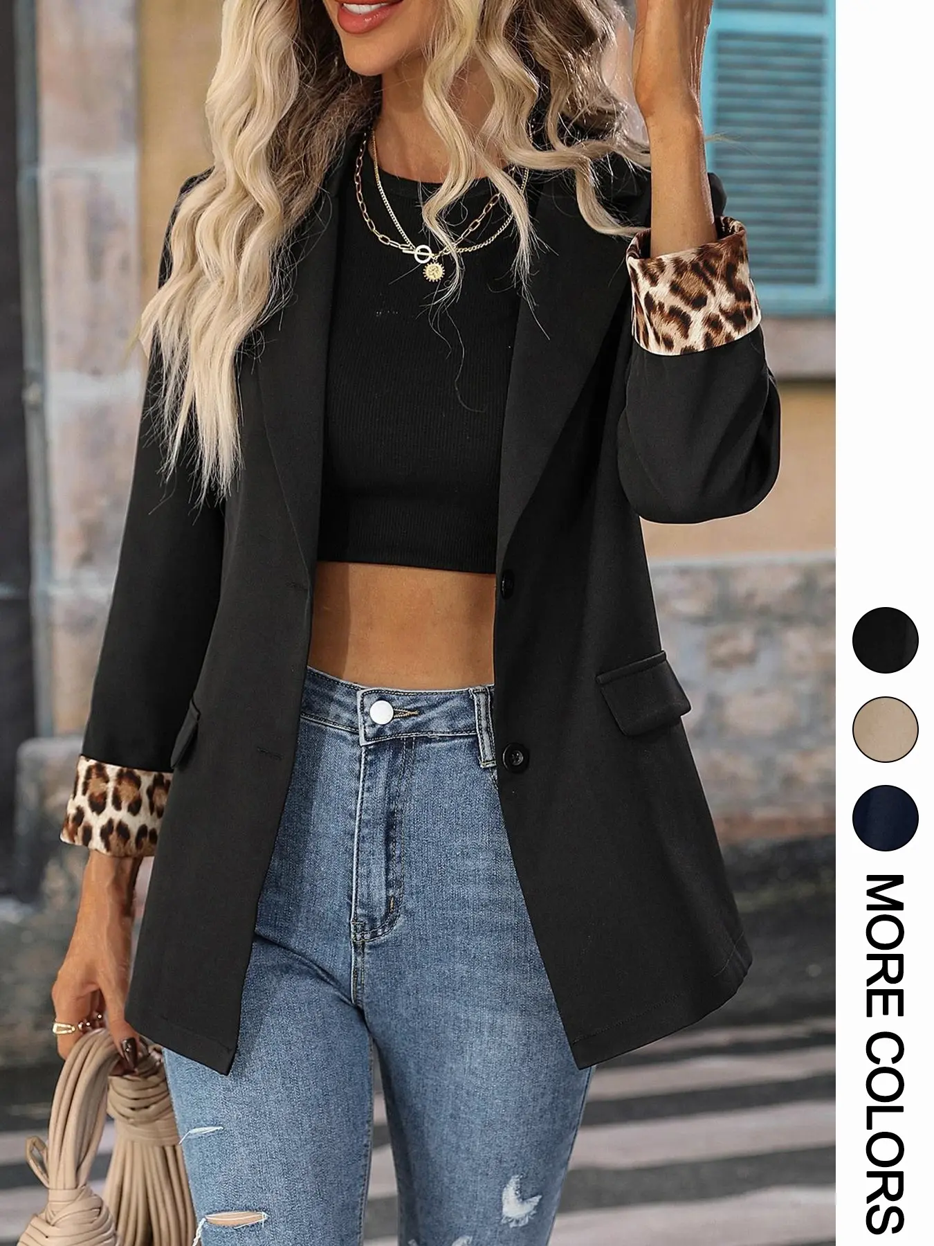 Classic Solid Color Leopard Print Patchwork Button Casual Blazer with Shoulder Pads, Business Attire for Spring & Fall, Fitted Style Outerwear