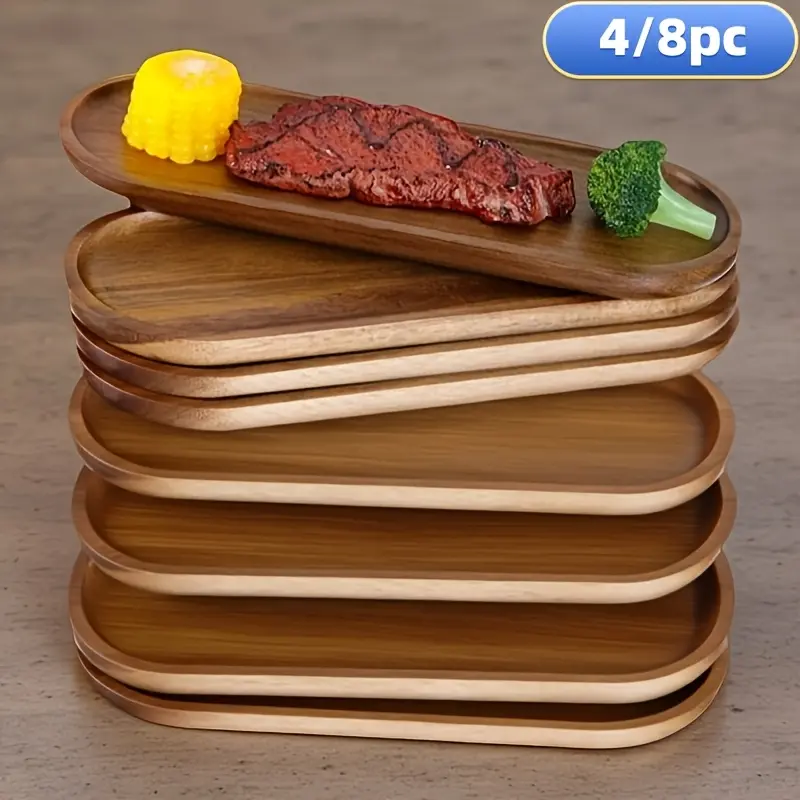 4/8pcs Wooden Serving Trays, Food Trays Set, Breakfast Tray & Oval Charcuterie Boards, 4'' & 12.8'' Wood Platters, Cheese Serving Plates