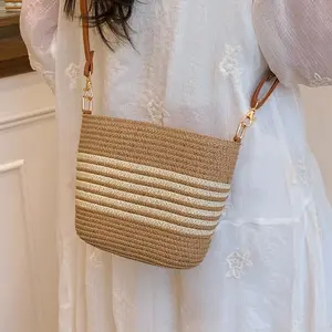 FDSFSDFSDF - Striped Straw Handbag with Brown Leather Straps for Women's Fashion