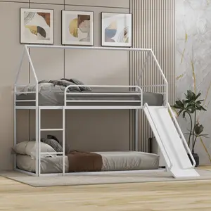 Aesthetic White House Bunk Bed with Slider, Twin Over Twin Metal Loft Bed Frame, Fun & Safe Bedroom Furniture for Boys & Girls