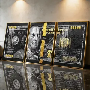3Pcs Aluminum Alloy Framed Painting, Gold Black Hundred Dollar Money Art Picture, Home Decoration For Living Room, Bedroom, OfficeWall Decor, Odorless Print Artwork, Luxury Perfect Gift For Friends And Family