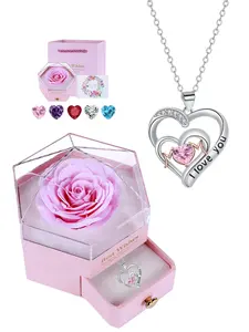 I Love You Mom Heart Pendant Necklace With Hexagon Rose Jewelry Gift Box, Double Love Heart Necklace for Mother, Mother's Day Birthday Jewelry Gift for Mom Grandma, High End Necklace