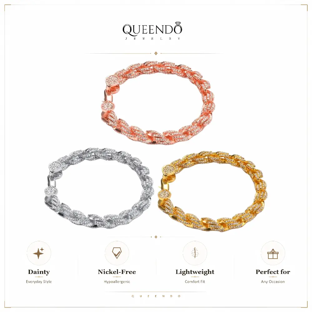 QUEENDO Iced-Out Full-Stone Paved Cuban Link Bracelet - Thick Sparkly Twisted Links Curb Chain Wrist Ornament, Adjustable Size Hip-Hop Vibe Costume Jewelry for Everyday Use & Gifting