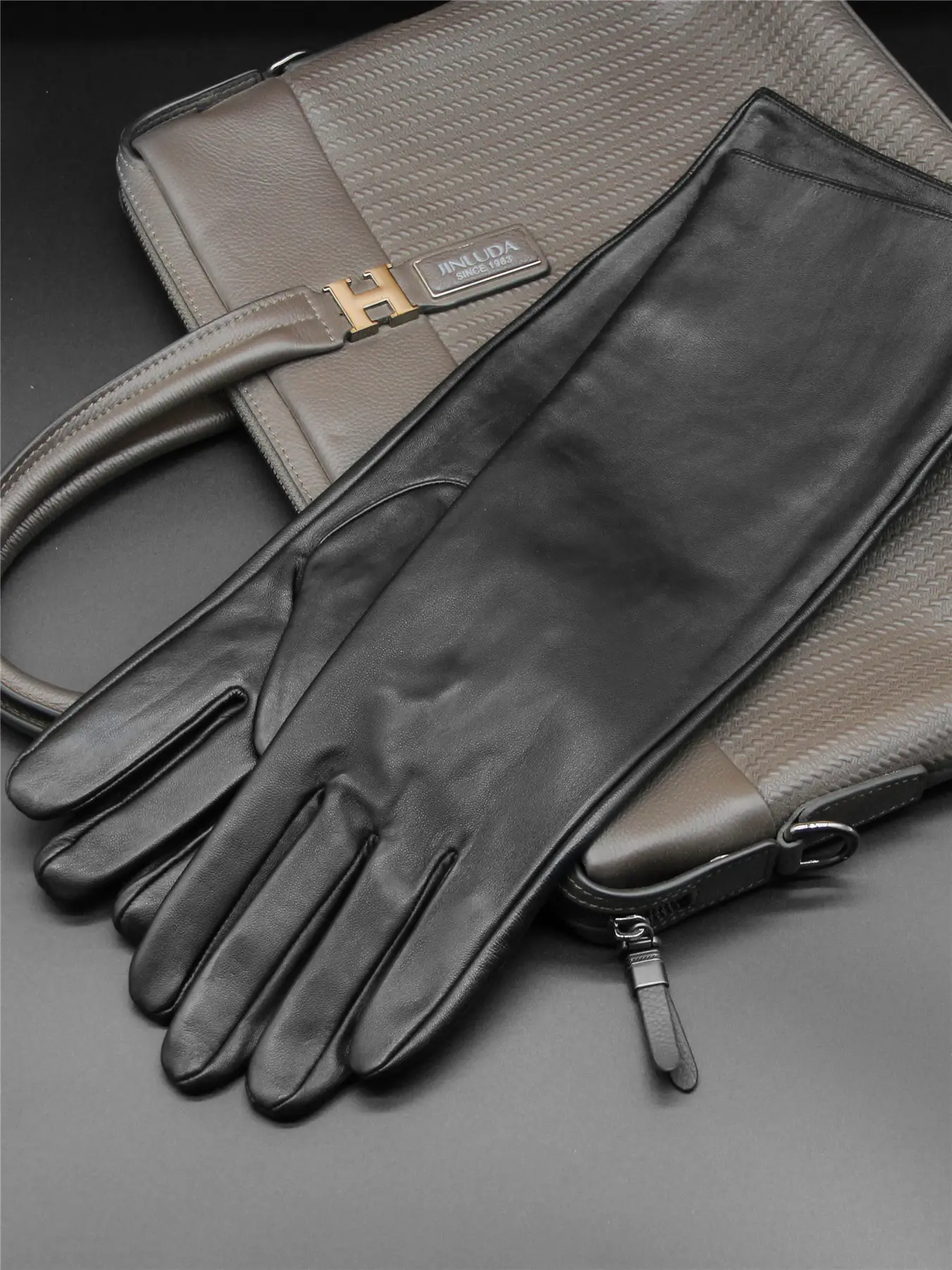 Men's 40cm Long Genuine Leather Gloves, Fleece-Lined Warm Sheepskin Gloves