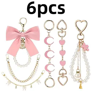 6 pcs Ribbon Bow Keychain Cute Keychain Purse Accessories Pearl Purse Chain Extender Bag Charms and Chains Set for Handbags Backpack