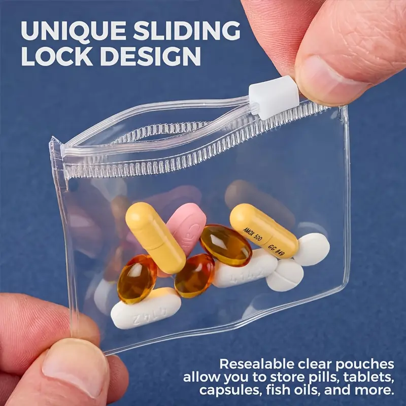 15/7pcs reusable zipper bag set, automatic sealing by small item manager, semi-transparent travel storage bag with sliding lock for placing pills and small items