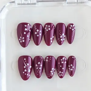 10pcs Handmade Press On Nails Acrylic - Short Almond Burgundy Red & White Cherry Blossom Pattern Nails, Handcrafted Minimalist Floral Decor Elegant Oriental Style, for Daily Wear & Dating with Jelly Glue & Nail File