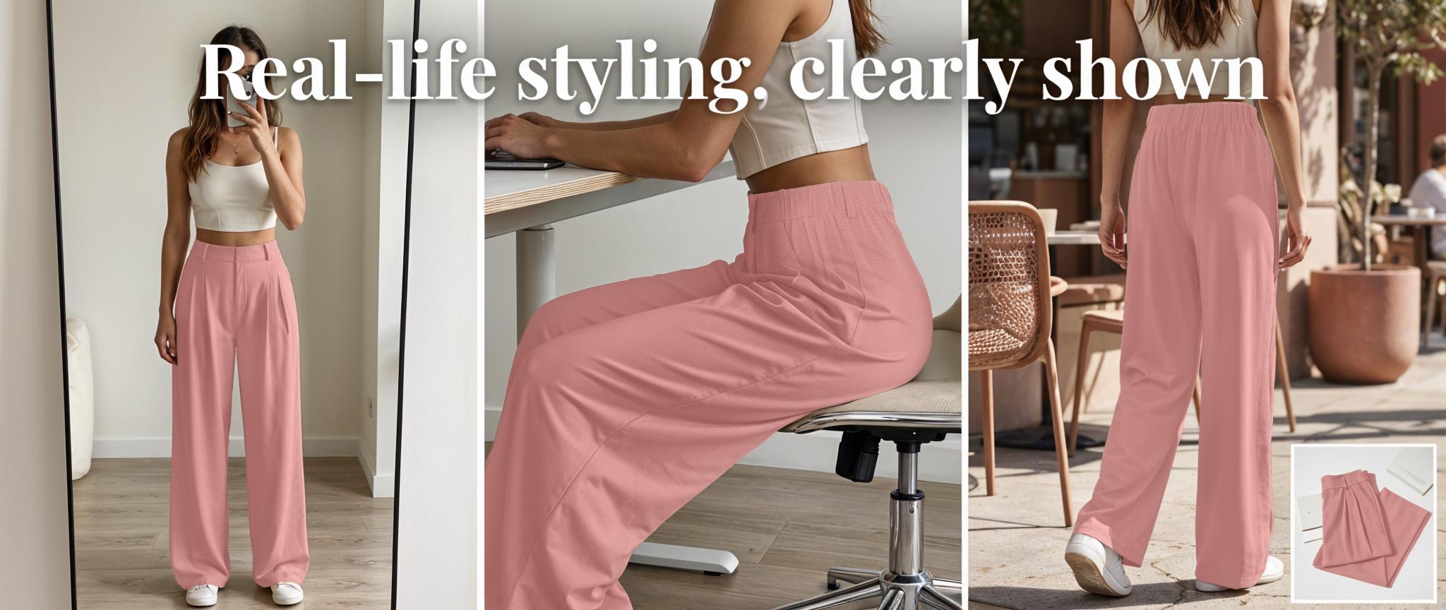 Relaxed Fit | Size Down Recommended | Women's High Waisted Wide Leg Waffle Pants with Pockets, Stretch Business Casual Pants, Comfortable Office Trousers #Dealsforyou