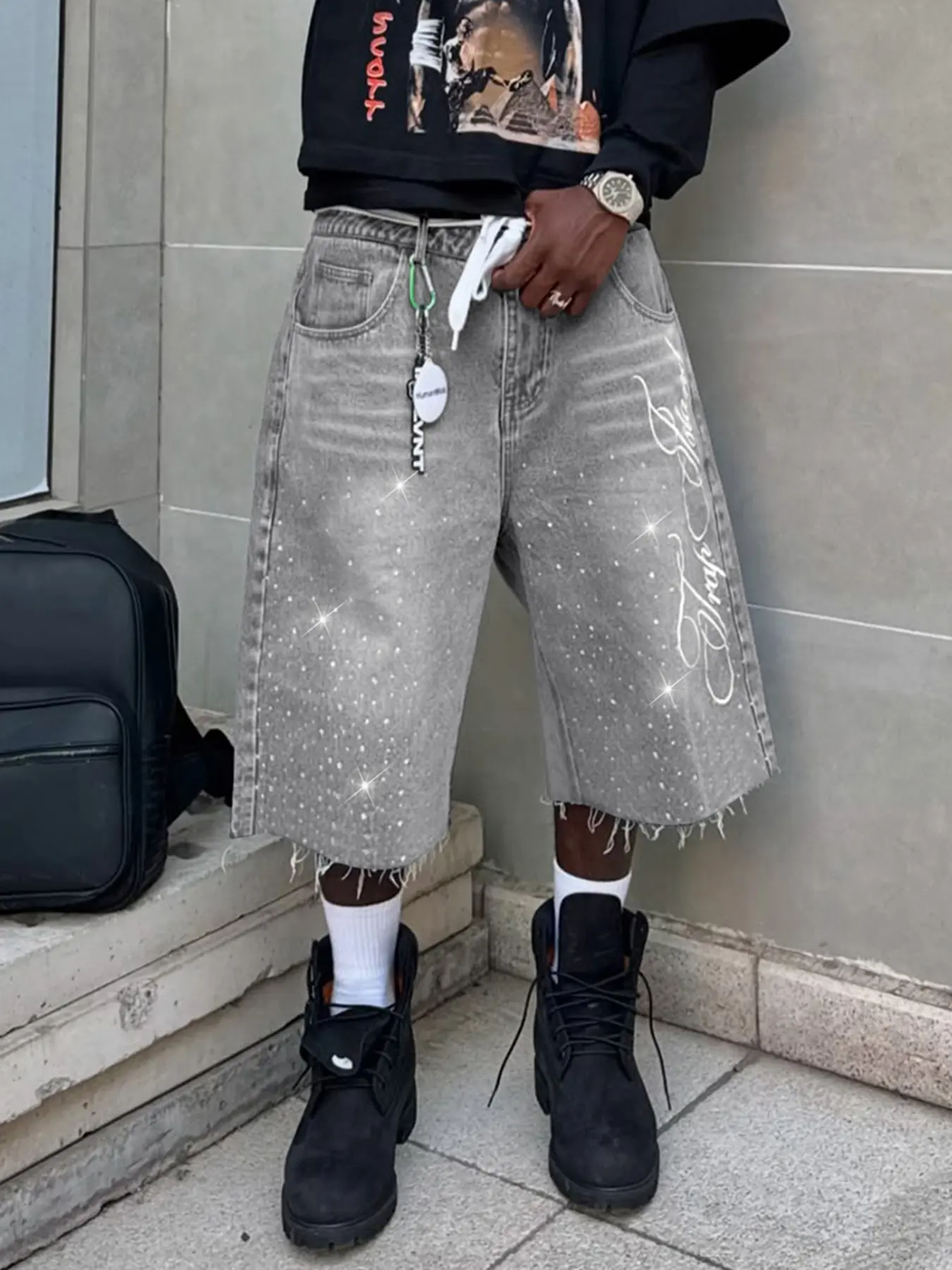 Vintage Distressed Rhinestone Embroidered Casual Loose Denim Jeans, Seven-Quarter Jeans, Letter Embroidery, Galaxy, American Street Style, Streetwear, All Seasons, Pants