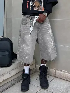 Vintage Distressed Rhinestone Embroidered Casual Denim Jeans, Seven-Quarter Jeans, Letter Embroidery, American Street Style, All Seasons