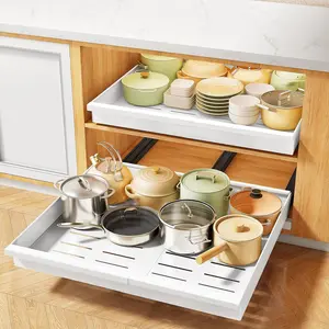 Pull out Cabinet Organizer, 2-Pack Expandable(13.6"-24") Silde out Drawers with Raising Pad for Framed Cabinets, Adjustable Full-Extension Adhesive Roll out Shelves for Kitchen Pantry Home Pot and Pan