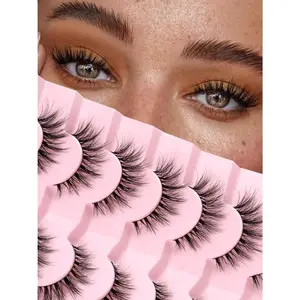 Lashes Natural Cat Eye Lashes Wispy Eyelashes 15mm False Eyelashes Wispy Lashes 3D Volume Strip Eyelashes Thin Cotton Band Soft Fake Eyelashes False Lashes Pack 7 Pairs