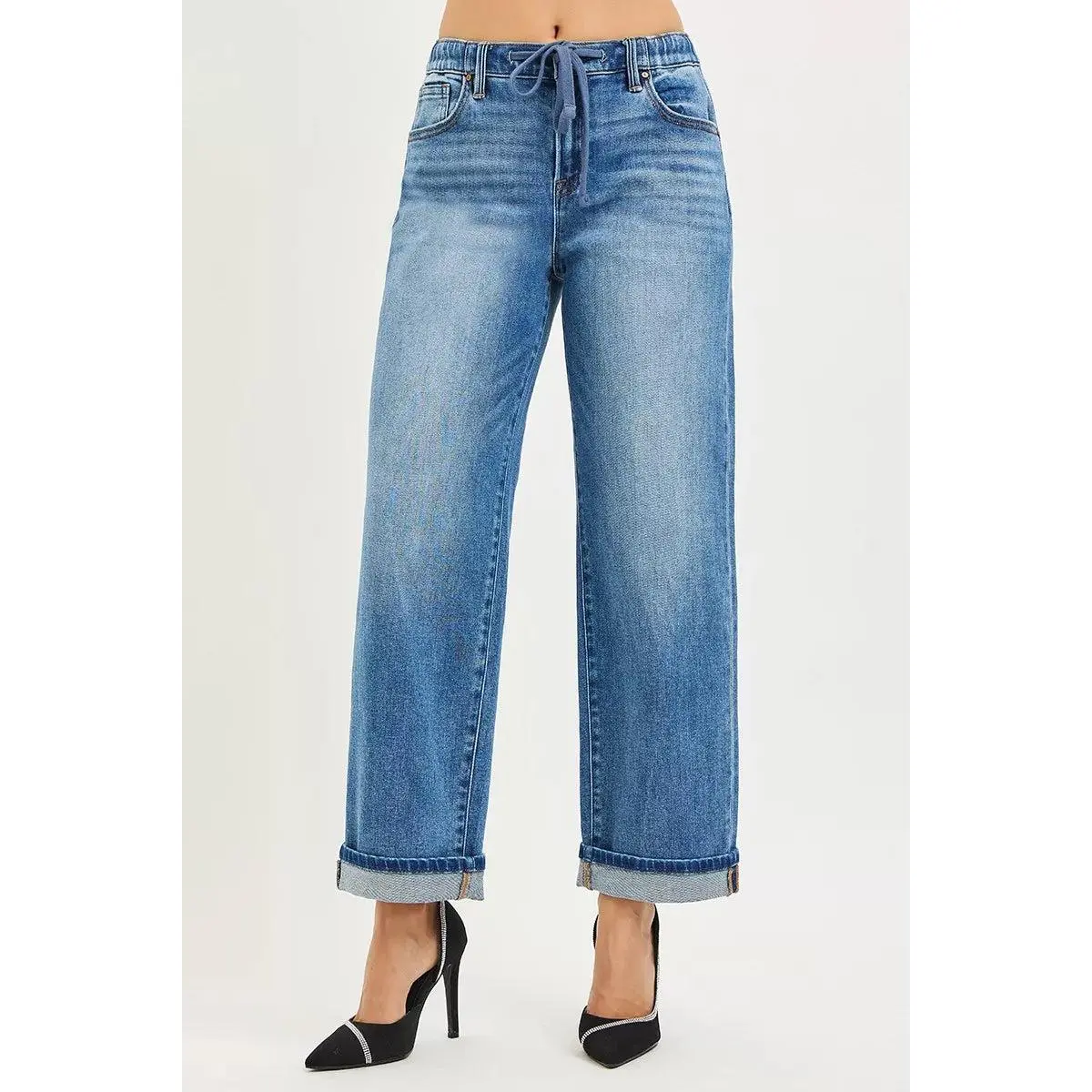 RISEN Elastic Band Slouch Ankle Boyfriend Cuffed Hem Jeans