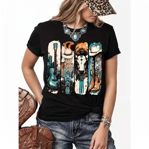 Vintage Western Cowboy Graphic T-Shirt For Women Featuring Boots Hats And Guitar Design In Soft Breathable Fabric Perfect For Casual Summer Wear