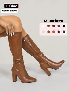 women's fashionable fawn brown color pointed toe boots, high heels, elegant zipper design knee boots for daily wear, female all-match trendy shoes for fall & winter, footwear