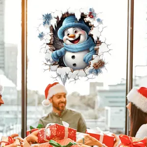 1 piece of self-adhesive removable 3D illusion snowman wall sticker - tear off winter removable window decal/door/smooth surface sticker, reusable vinyl, realistic snow and tree branch room, Christmas party decoration Christmas decoration sticker