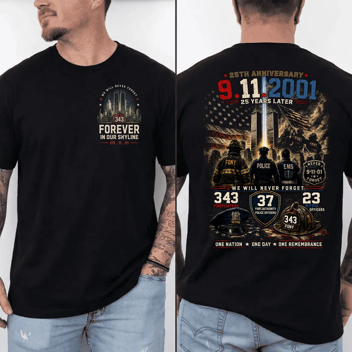 911 25th Anniversary Memorial T-Shirt, 2001–2026 Never Forget Tribute Tee, American Flag First Responder Remembrance Shirt, Front And Back Graphic, Memorial Gift, Luxe Fashion US Closet