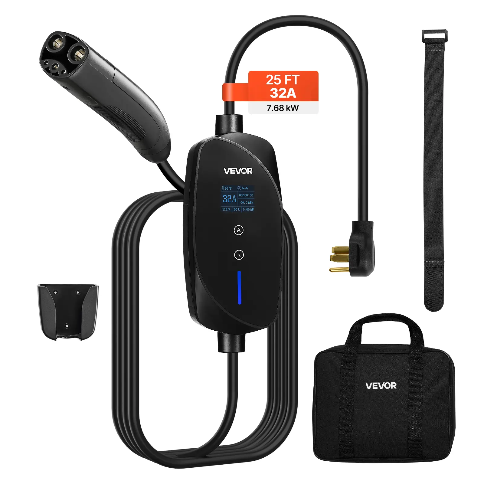 【summerfinds】VEVOR Level 2 Tesla Charger, 32 Amp Adjustable Current, 240V Portable Home Electric Car EV Charger with 25 ft Charging Cable, NEMA 14-50P Plug, LCD Display, NACS Connector, for Tesla Model Y/X/3/S