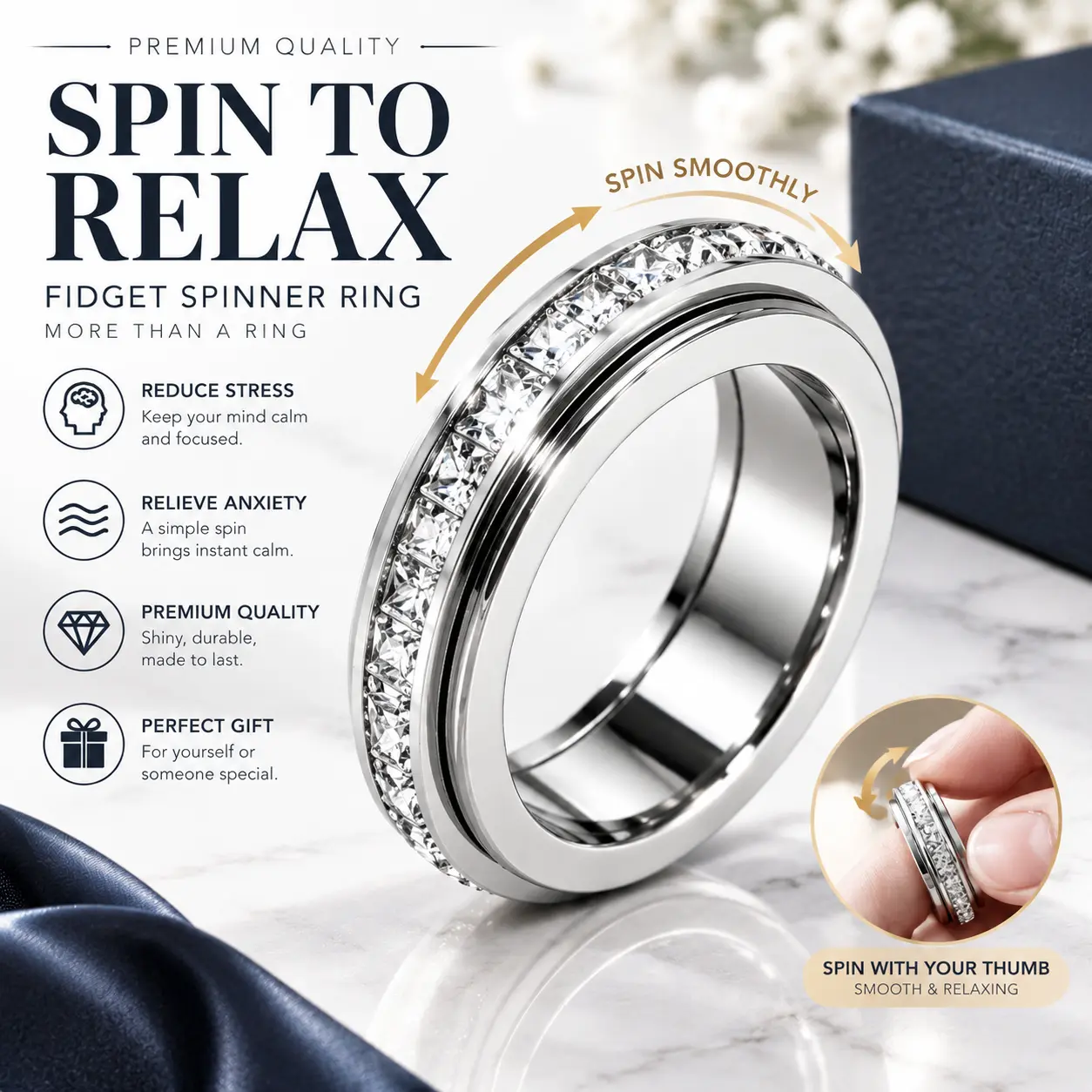 2026 Women's Geometric Titanium Steel Spinner Ring with Cubic Zirconia, 360° Rotating Fidget Band, Adjustable Minimalist Jewelry for Everyday Wear