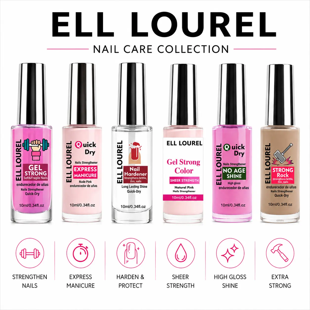ELL LOUREL Nail Care Collection, Multi‑Purpose Nail Strengthener Hardener Treatment, Quick Dry Nail Care for Soft Brittle Thin Nails, 10ml Single Bottle, Multiple Functional Options for Home DIY Manicure Routine