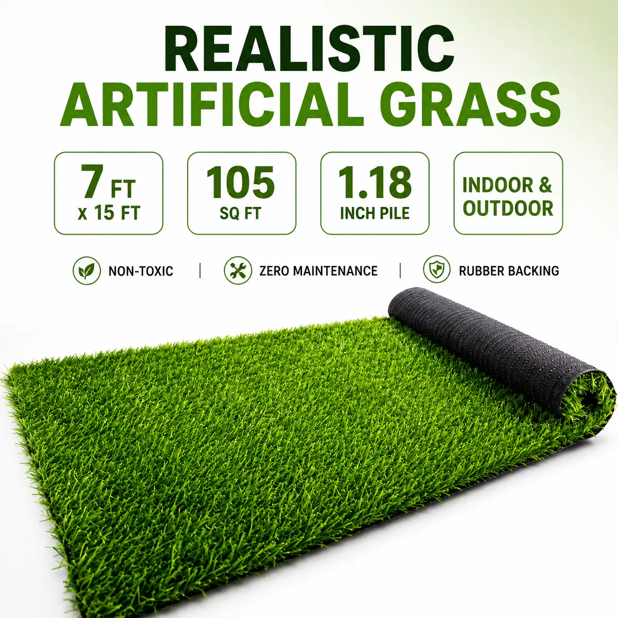 Artificial Grass Synthetic Turf Synthetic Grass Turf Rug, 7 FT x 15 FT 105 Sq Ft, 1.18 Inch Artificial Grass Turf, Artificial Turf Grass, Synthetic Lawn Fake Grass Mat, Artificial Grass Rug for Patio Balcony Pool Pets