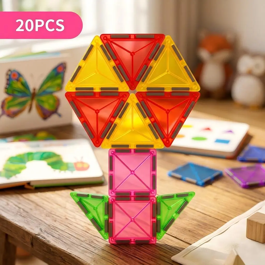 Mini Magnetic Tiles Travel Set 20PCS for Kids Ages 3+, Magnetic Building Blocks, Montessori STEM Educational Sensory Toy, Toddler Preschool Learning Activity, Airplane Car Road Trip  birthday novelty gift super braintoy
