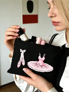 Ballet Pattern Women's Black Makeup Storage Bag, Handbag, Zippered Canvas Bag, Cute Retro Ballet Skirt, Dance Shoes, Rose Element, Bow Element, Vacation Bag, Large Capacity Storage Bag,